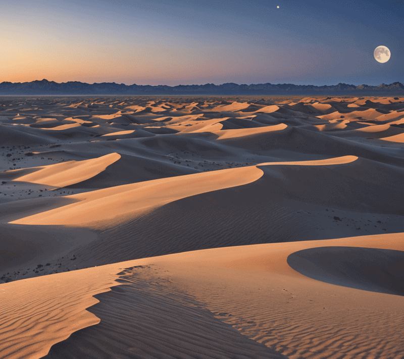 Panoramic twilight view of sand dunes under the rising full moon.