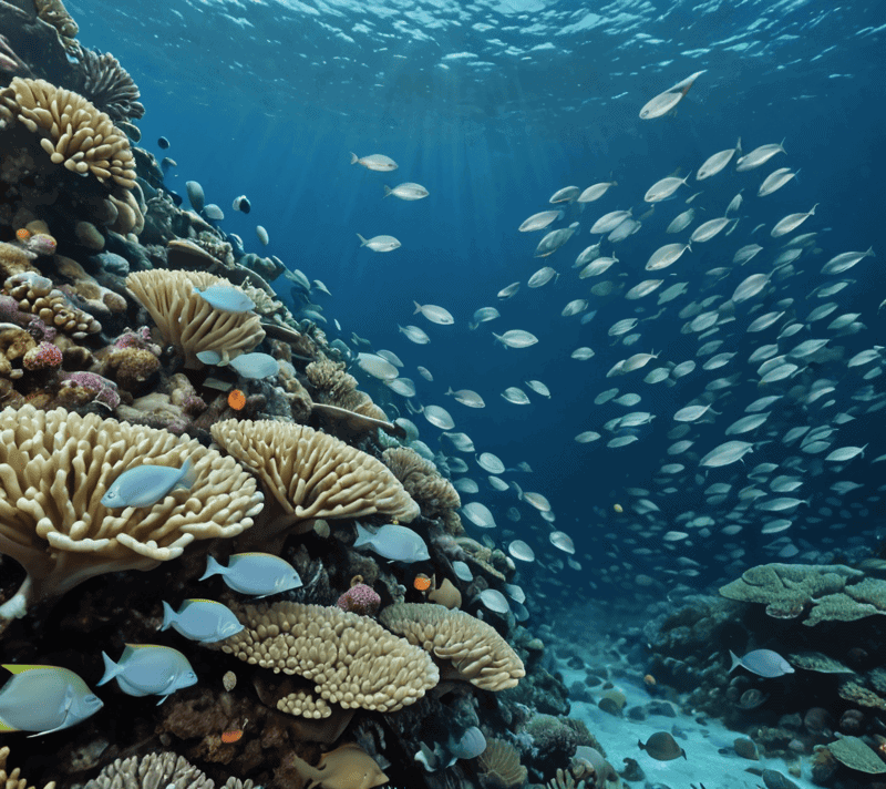 A school of unicornfish swimming in synchrony in a vibrant coral reef.