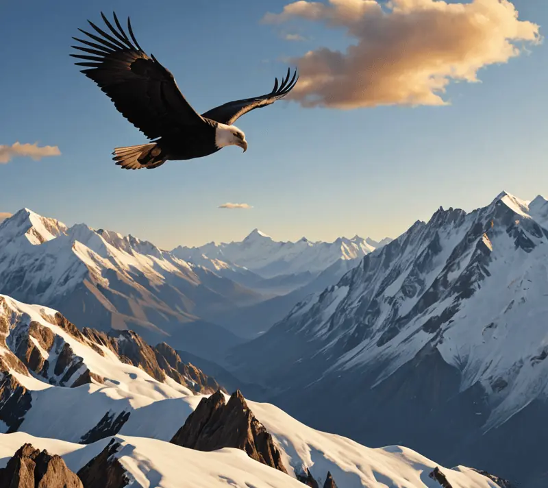 First light casting golden hues on snow-peaked mountains with an Andean condor embarking on flight.