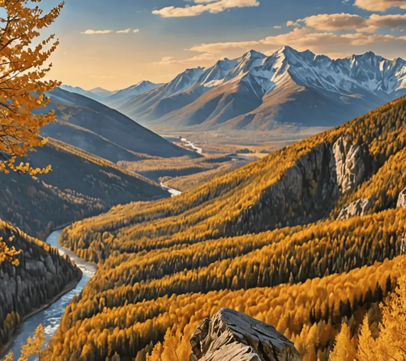 A noble eagle soaring high above a valley painted in autumn colors.