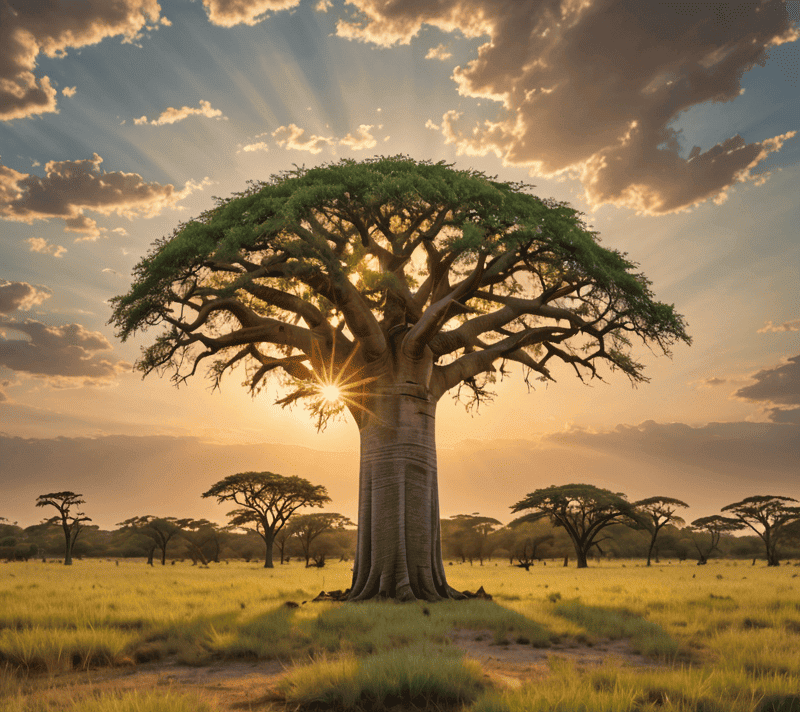 Sun-drenched savannah with a solitary Baobab tree, warm golden hour light.