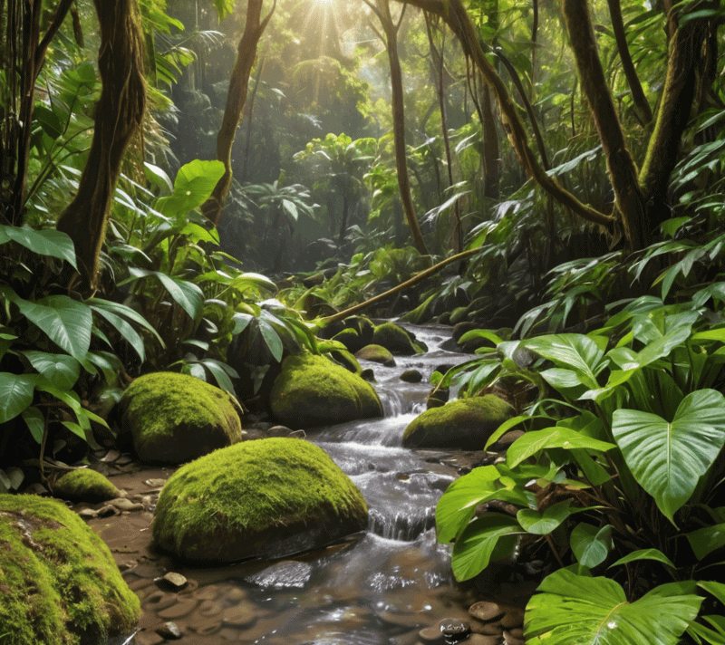 A vibrant rainforest with a bubbling stream and indigenous wildlife post-rainfall.