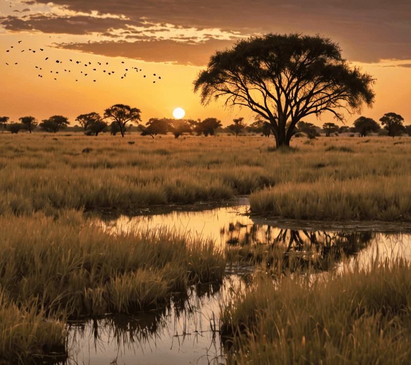 A sunset with golden light over a pristine grassland with acacia trees and flying birds.