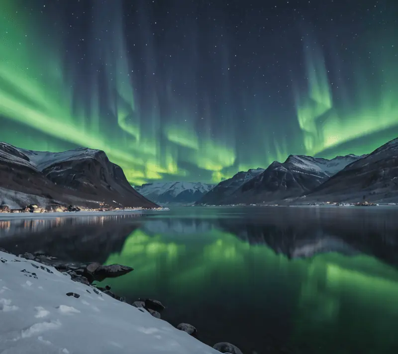 Northern lights over a snowy fjord with starry sky reflected in calm waters