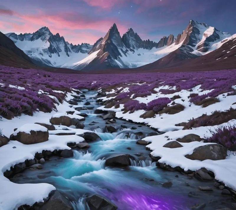 Rapid meltwaters in an alpine setting with the aurora australis accentuating the swift passage of time.
