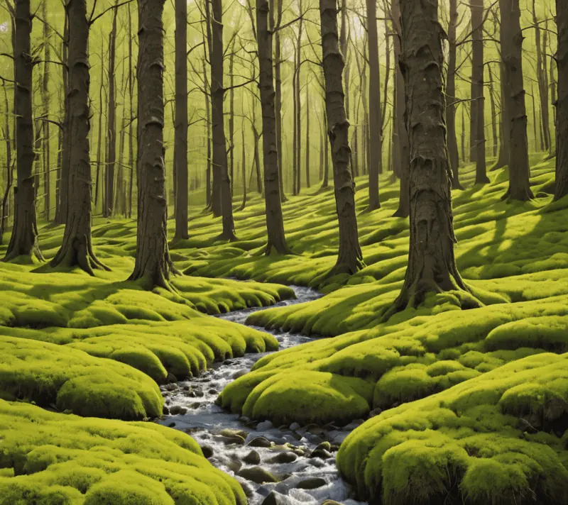A temperate forest with zigzag patterns of green growth and melting snow.