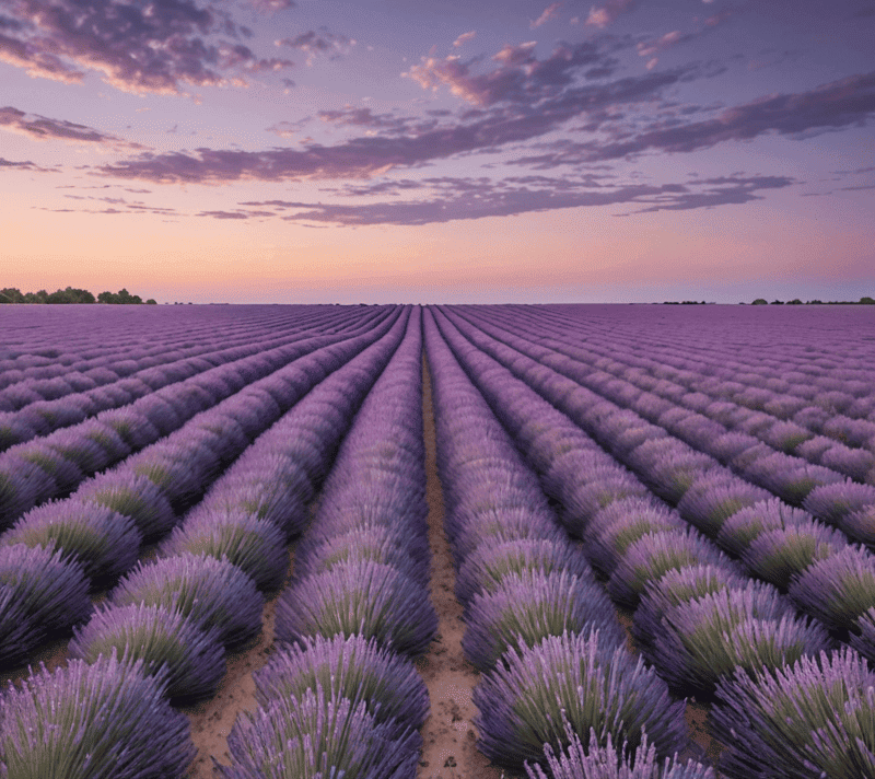Field of purple lavender under a pastel twilight sky