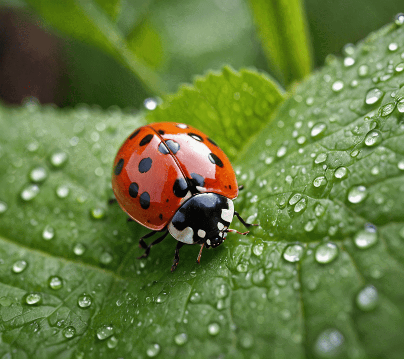 Close-up of a ladybug on a green leaf with a bright, blurry background 