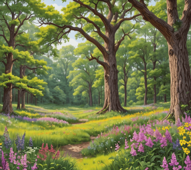 Lush forest clearing with a central oak tree surrounded by an arc of wildflowers, representing affirmation.
