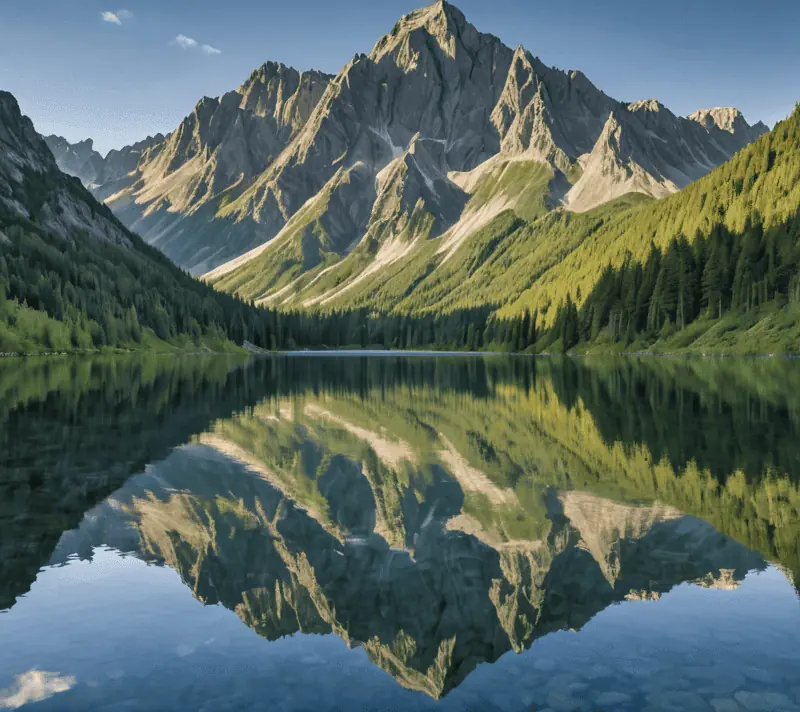 Placid mountain lake reflecting surrounding peaks under a clear blue sky, invoking quiet confidence.