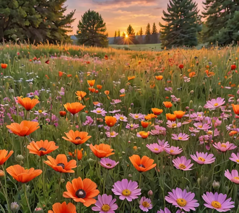 Sunrise over a vibrant field of blooming wildflowers, symbolizing a fresh, energetic start.