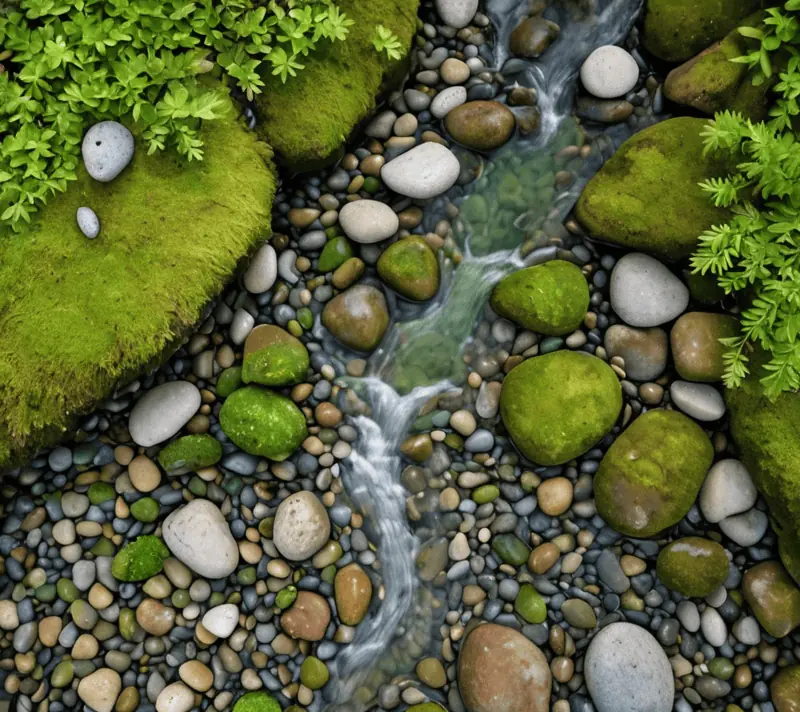 Overhead view of a mountain stream with clear water, smooth stones, and green foliage