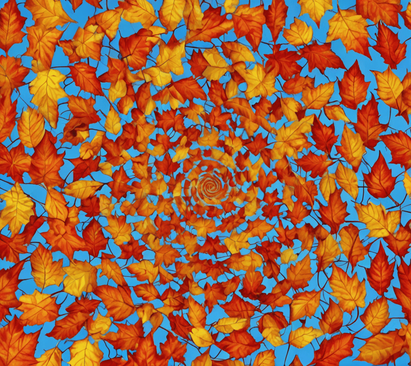 Hypnotizing spiral of multicolored autumn leaves against a clear blue sky
