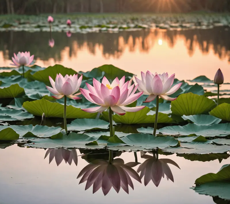A graceful swan gliding on a tranquil pond with pink and white lotus flowers at sunrise.