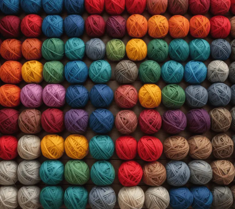 Precisely arranged colorful balls of yarn on a clean wooden table, representing order and craftsmanship.