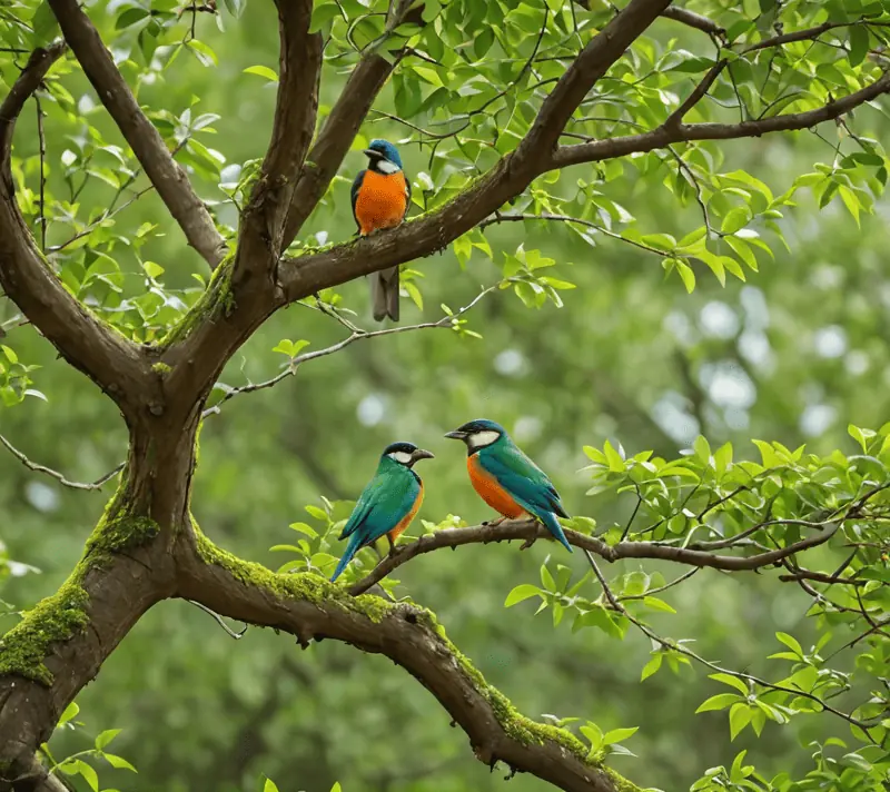 A nurturing tree with wide branches sheltering colorful birds, symbolizing growth and care.