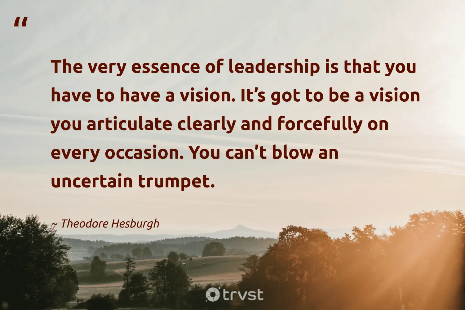 "The very essence of leadership is that you have to have a vision. It’s got to be a vision you articulate clearly and forcefully on every occasion. You can’t blow an uncertain trumpet." -Theodore Hesburgh #trvst #quotes #ecoconscious #socialchange #leadership 