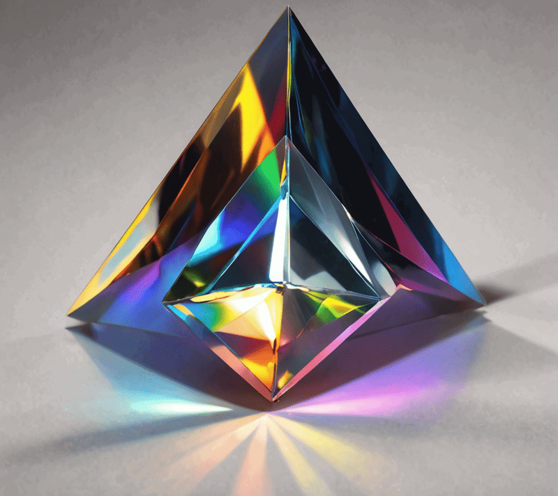 Prism on a reflective surface with light creating a color spectrum
