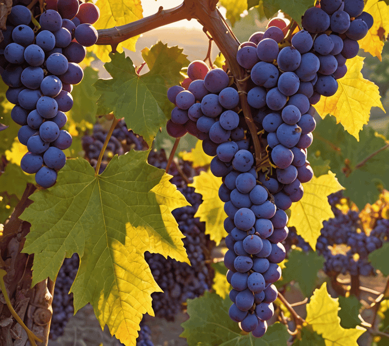 Sun-kissed vineyard with ripe grape clusters during golden hour