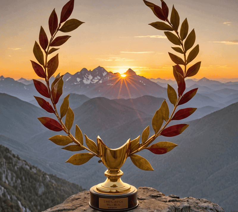 Golden trophy with laurel wreath on a mountain peak at sunrise