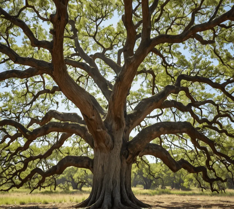 Sturdy oak tree with expansive branches supporting a diverse ecosystem