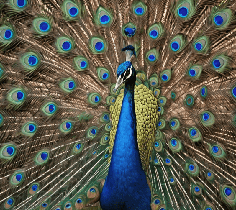Peacock with iridescent tail feathers fully displayed