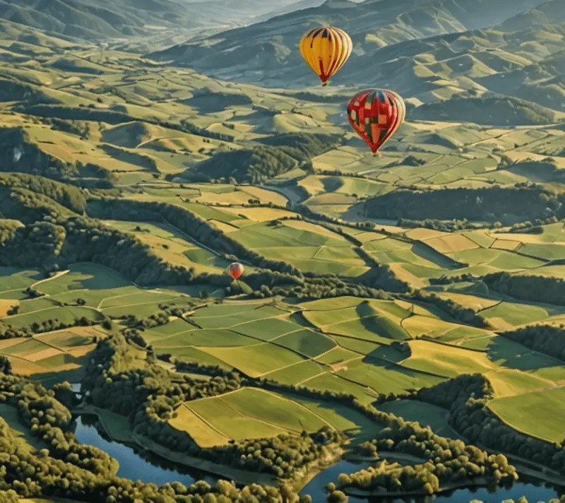 Hot air balloon with map patterns floating over a lush landscape