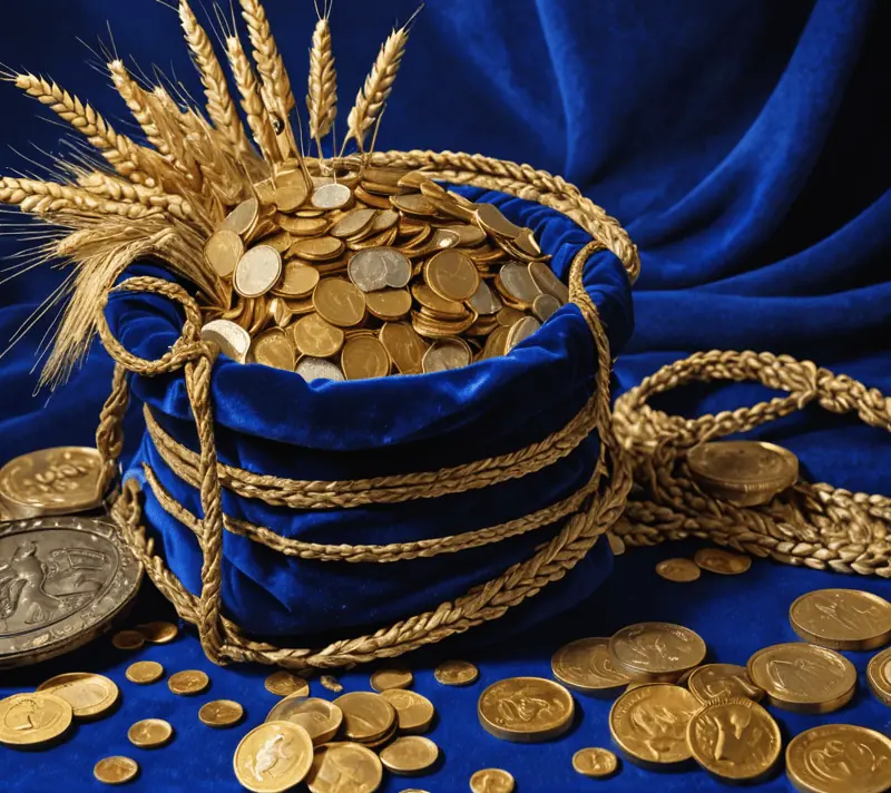 Cornucopia overflowing with coins, bullion bars, and golden wheat on a royal blue background