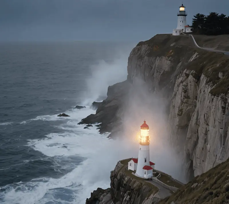 Lighthouse on a cliff with its beam cutting through the mist, symbolizing guidance