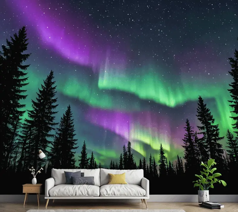 Ethereal Aurora Borealis over a tranquil forest at night