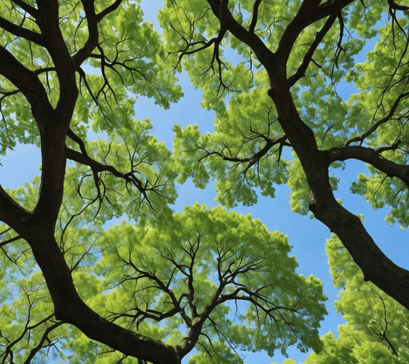 Intertwined tree branches with a lush green canopy representing friendship