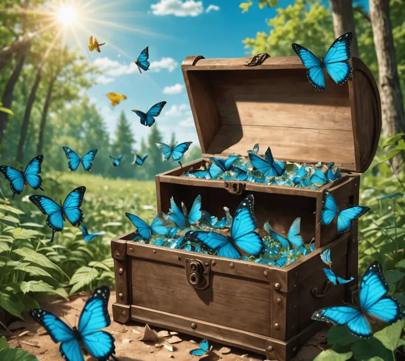 Open treasure chest with blue butterflies fluttering upwards in a sunny glade