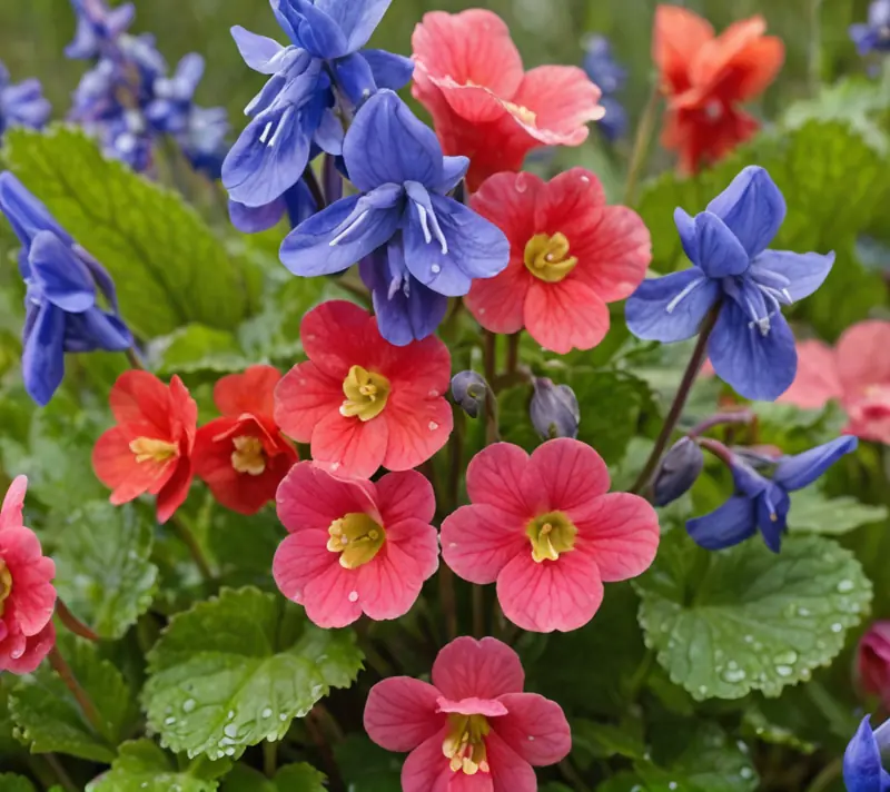 Close-up of a bouquet of blooming wildflowers with dew in a lush meadow