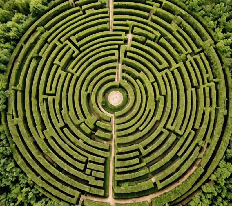Aerial view of a labyrinth in a field, symbolizing intellect and wisdom