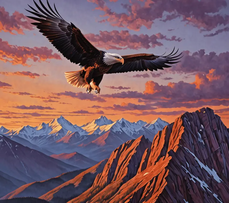 Eagle soaring toward a rugged mountain at dusk symbolizing action and courage