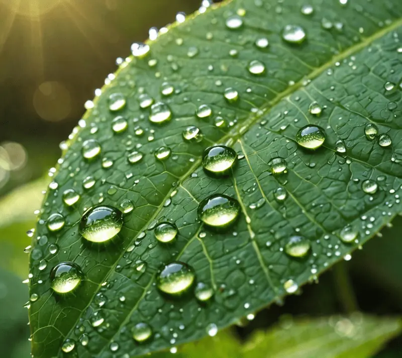 Morning dew on a vivid green leaf with sunlight creating a bokeh background.