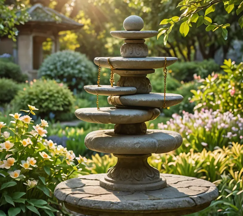 Balanced stone scale amidst a peaceful garden symbolizing justice and unity.