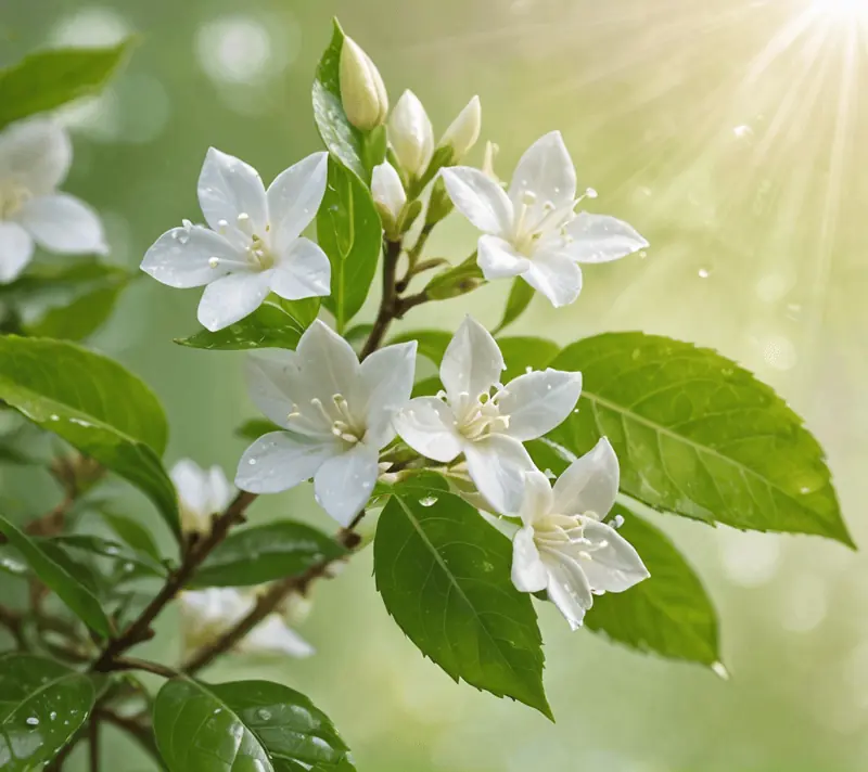 Close-up of dewy jasmine plant in spiral growth, representing new positive J-nouns.