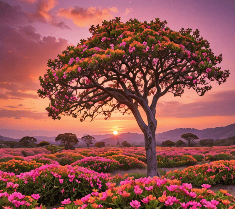 Dreamy golden hour landscape with kalanchoe flowers and a koa tree in the distance.