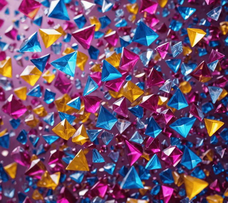 Colourful kite-shaped crystals with a sparkling spectrum, implying motion.