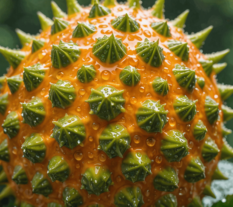 Close-up of a vibrant orange kiwano with water droplets against a green foliage background.