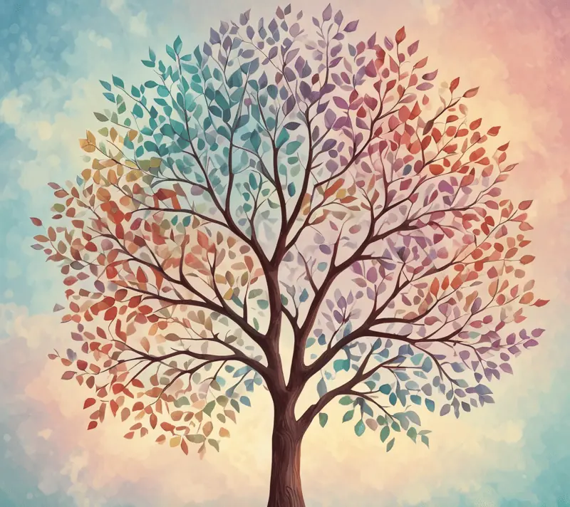 Artistic tree with multicolored leaves against a pastel sky