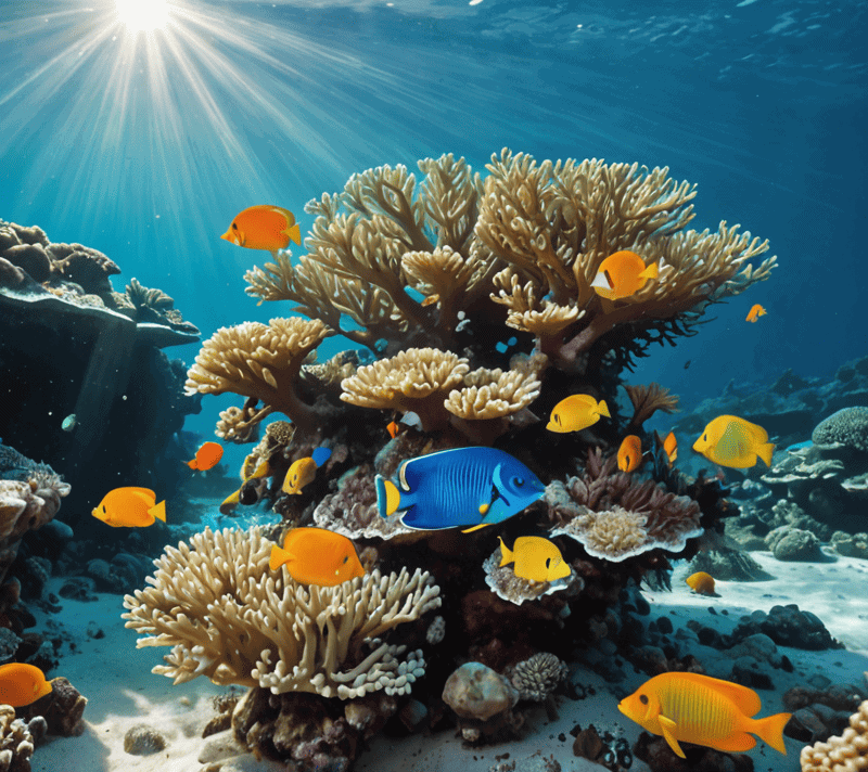 Vibrant underwater coral reef with colorful fish and sunlight rays