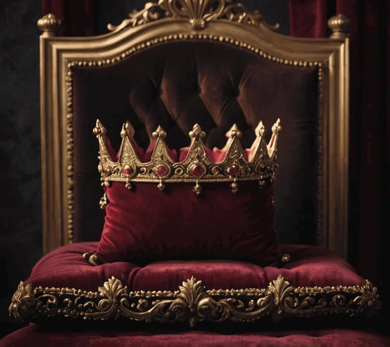 A golden crown on a crimson velvet cushion symbolizing leadership and nobility