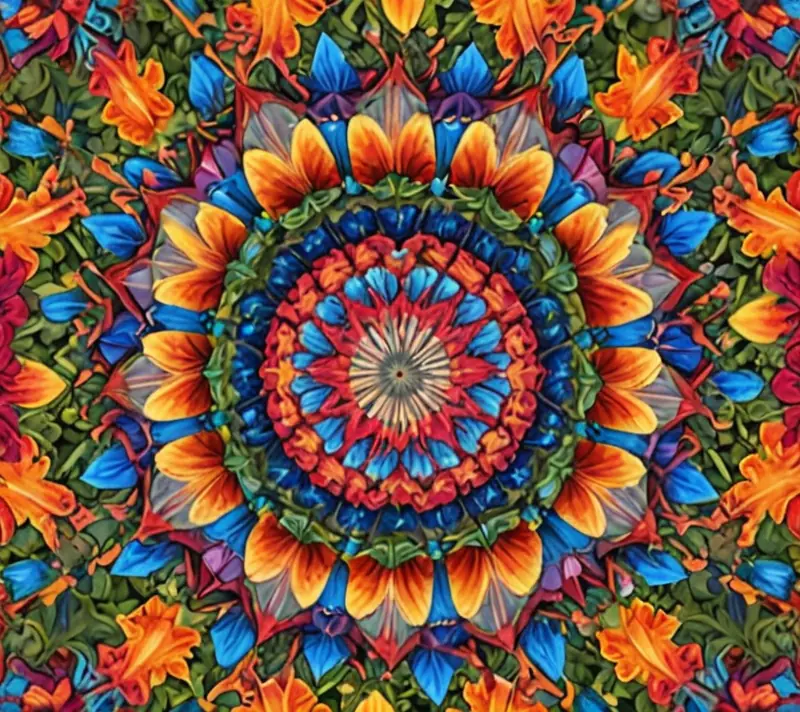Colorful kaleidoscope view of natural elements and geometric patterns representing positive diversity