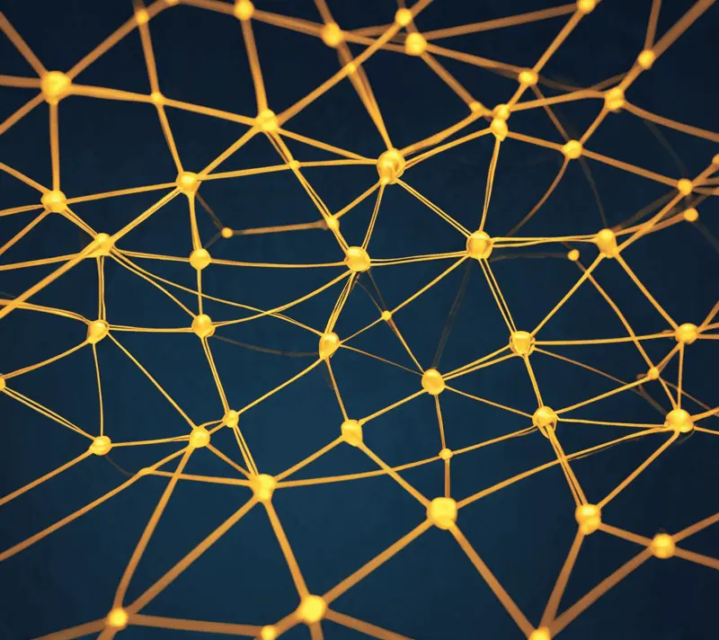 Glowing golden web on a blue background representing interconnected movements and concepts