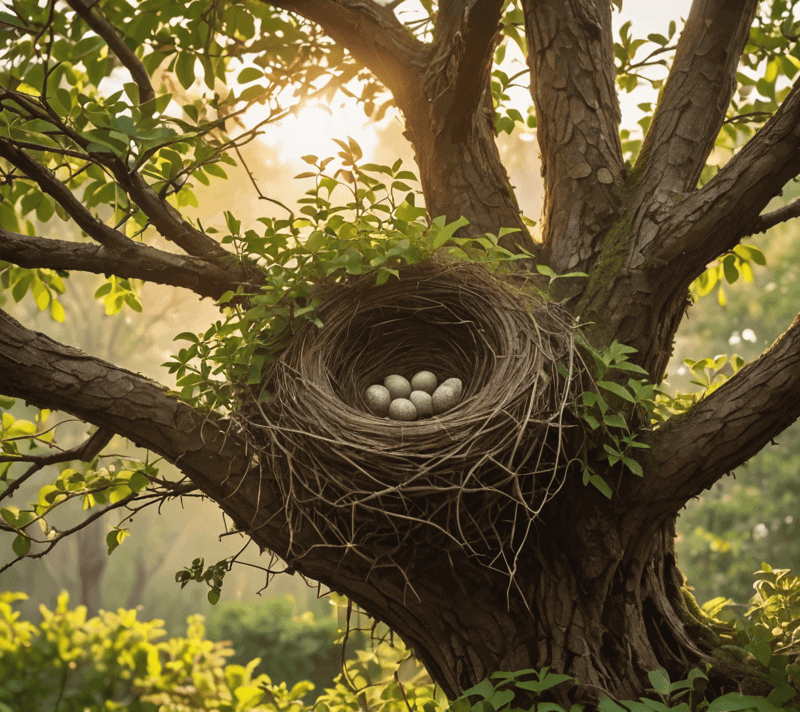 A nurturing tree with hatchlings basking in the golden morning light.
