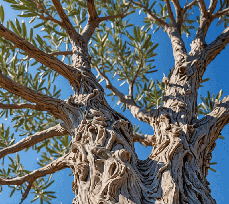 A close-up of an olive tree, evoking peace and positive associations.
