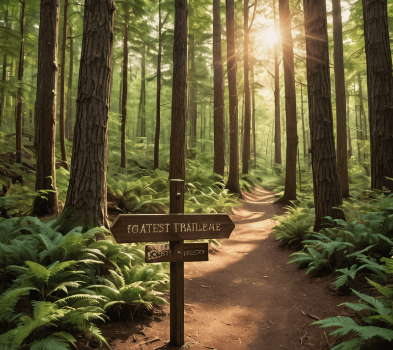 A forest trailhead with a wooden sign, representing the beginning of new opportunities.
