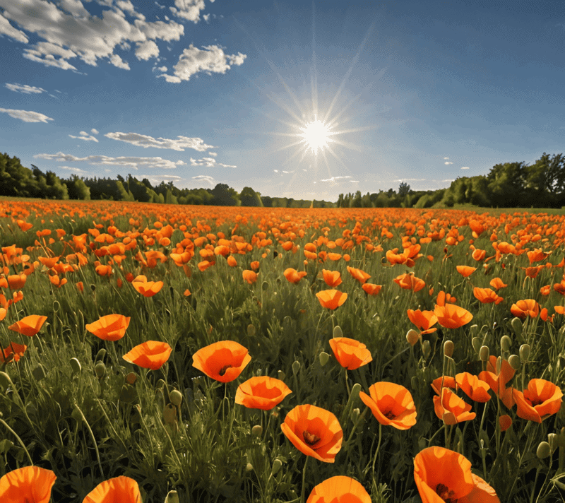 Field of bright orange poppies under a blue sky, reflecting vibrant positivity.